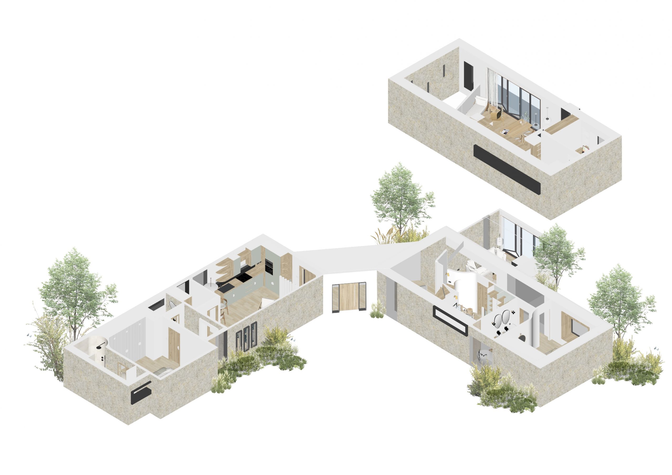 An axo illustration of a multi-generational residential project.